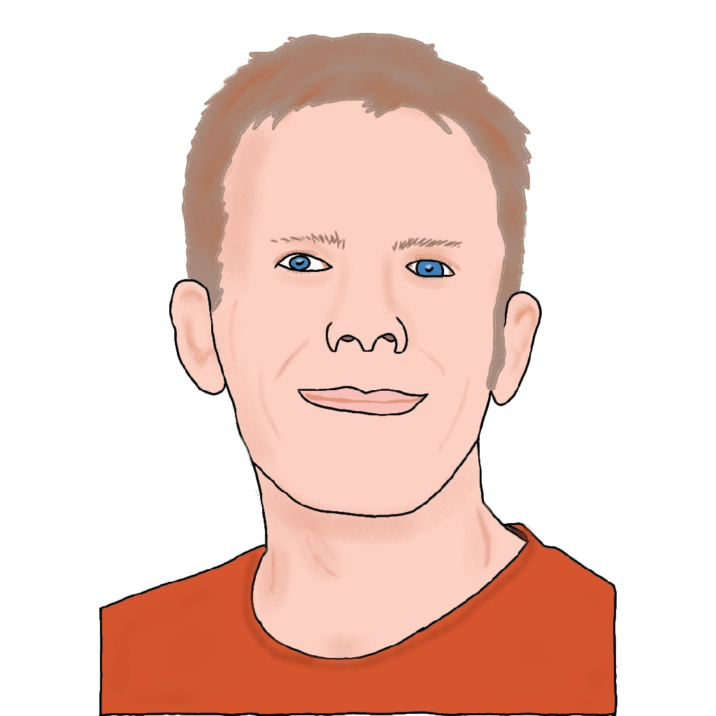 A drawing of a white guy in a red shirt with short light-colored hair and blue eyes.