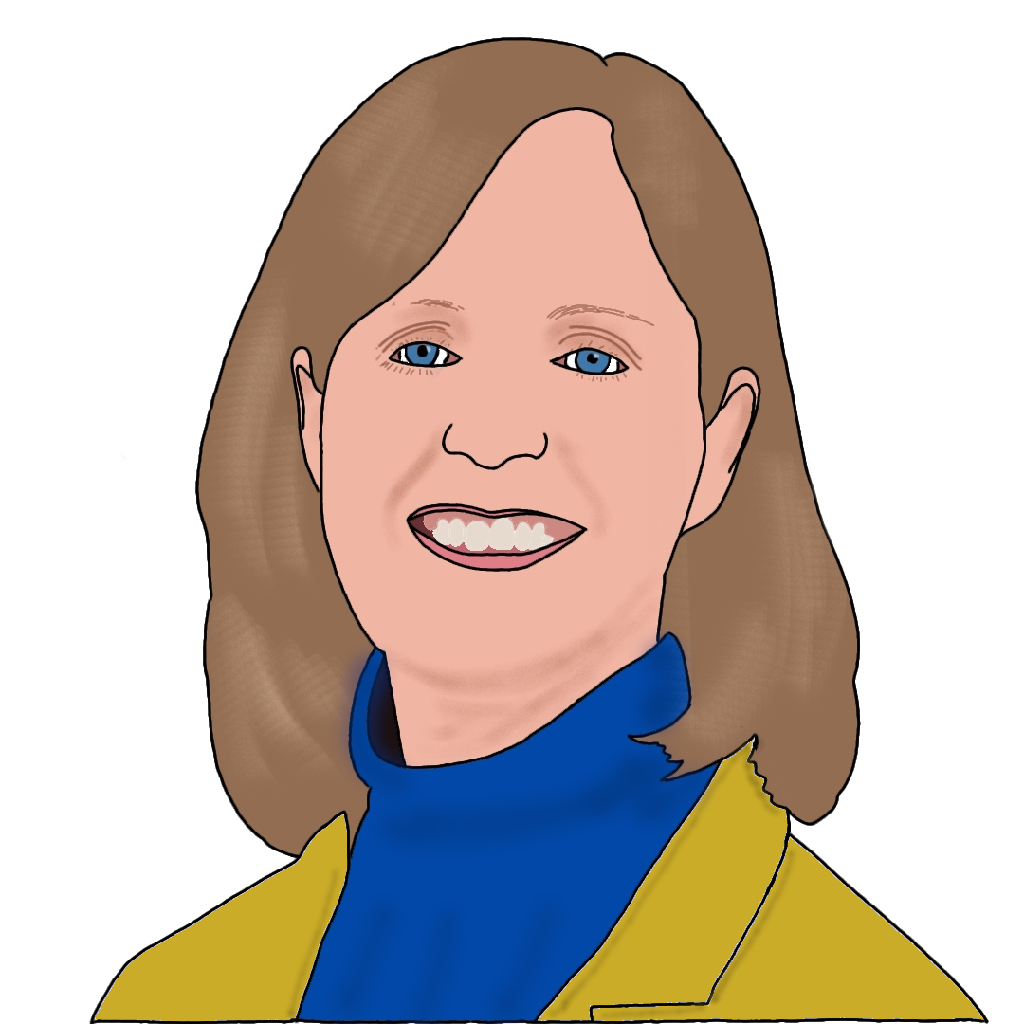 A drawing of a smiling, middle-aged white woman with shoulder-length brown hair, blue eyes, a blue turtleneck and yellow blazer.