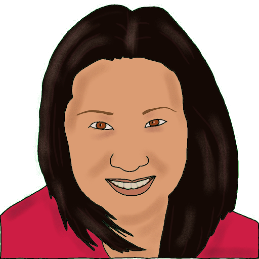 A smiling woman with warm brown skin, dark, shoulder-length hair, brown eyes, and a pink shirt.