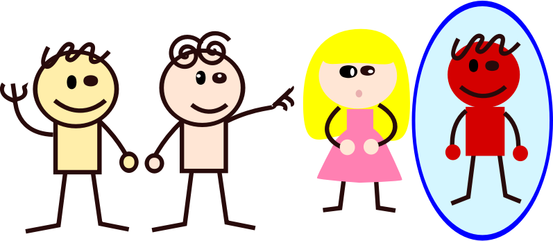 A rough graphic with four cartoonish people. On the left, two people stand close together and on the right two more people stand a little further away. In this drawing, one of the closer people is pointing to one of the people further away, who is circled.