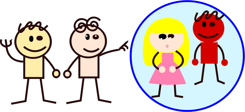 A rough graphic with four cartoonish people. On the left, two people stand close together and on the right two more people stand a little further away. In this drawing, one of the closer people is pointing to the two people who are further away, who are circled.