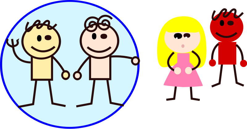 A rough graphic with four cartoonish people. On the left, two people stand close together and on the right two more people stand a little further away. In this drawing, both of the closer people are circled.