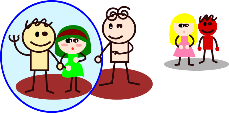A rough graphic with five cartoonish people. On the left, two people stand close together in a conversation with a third person and on the right two more people stand a little further away. In this drawing, the two of the people in the conversation are circled.