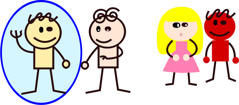 A rough graphic with four cartoonish people. On the left, two people stand close together and on the right two more people stand a little further away. In this drawing, one of the nearby people is circled, while the other points to him.