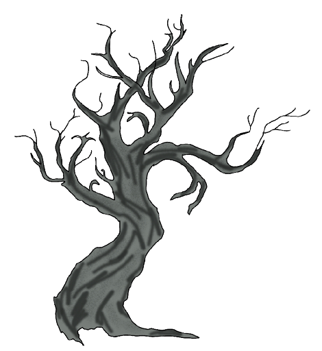 A drawing of a spooky dead tree.