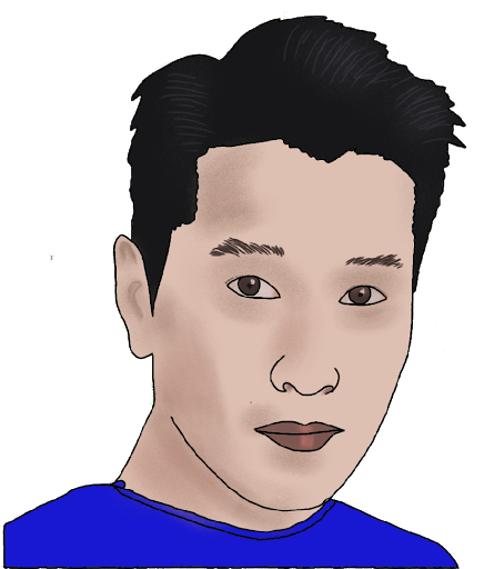 A drawing of a man with light skin, dark hair, and a blue shirt.