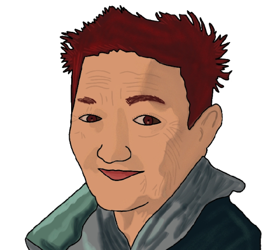 A drawing of an older woman with short brown hair, warm skin, and a dark jacket.