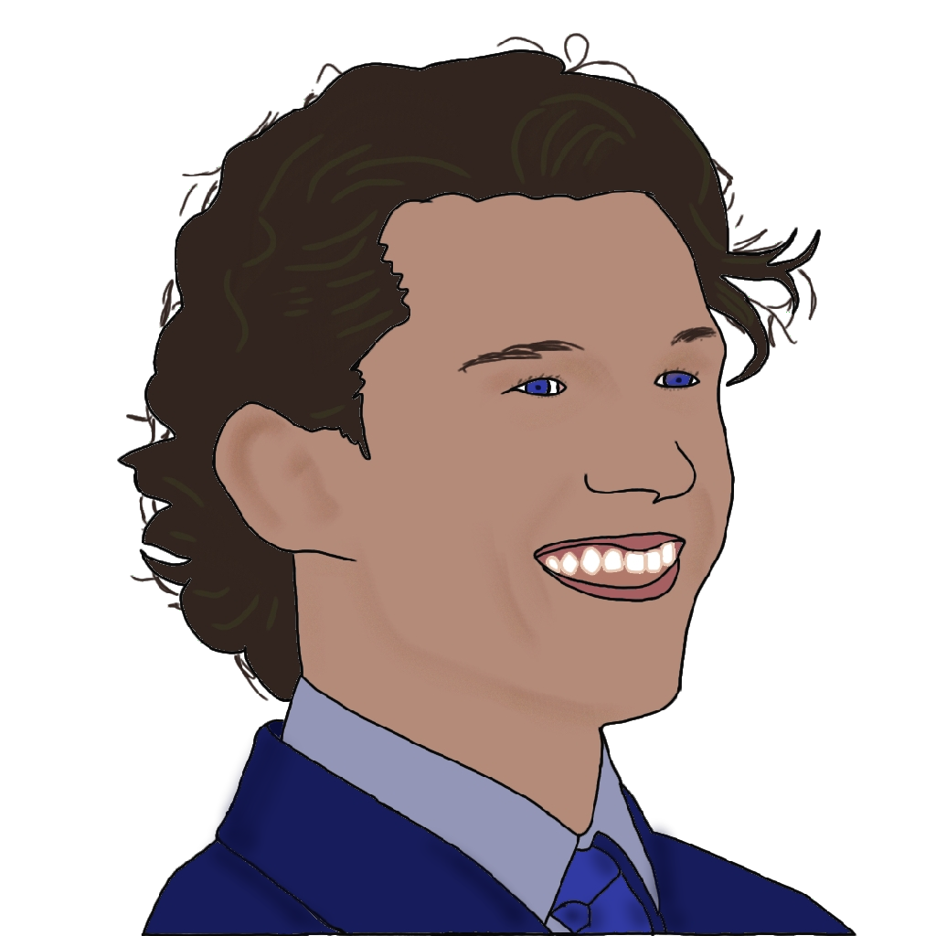 A drawing of a smiling man in a blue suit with warm skin and curly brown hair.