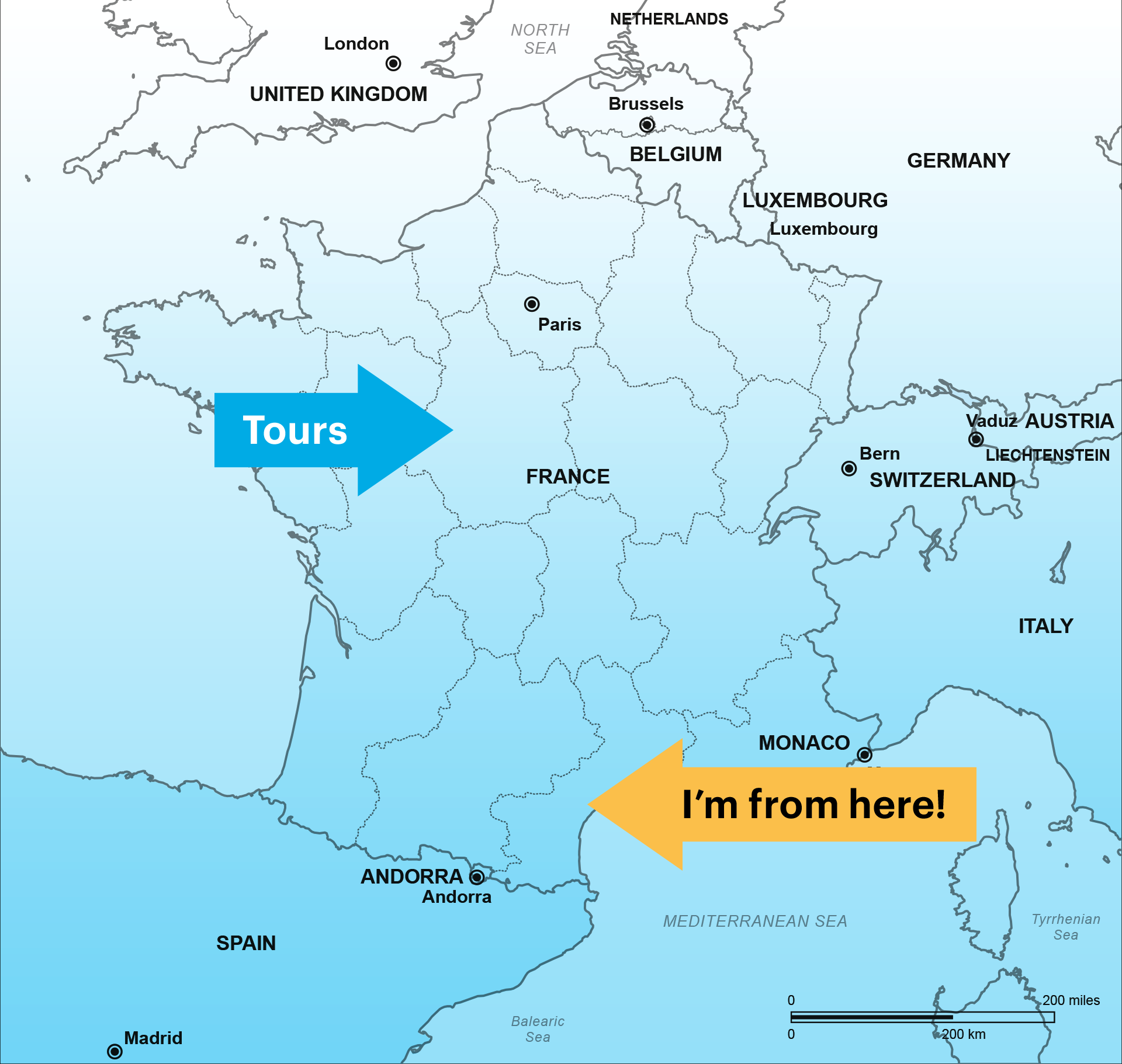 A map of France. A blue arrow points to Tours (near the center of the country) and a yellow arrow labelled "I'm from here" points to an area further south near the Mediterranean Sea.