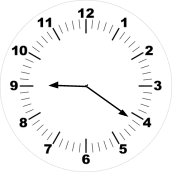 A clock with the hour arm pointing to 9 and the minutes arm pointing to 4.