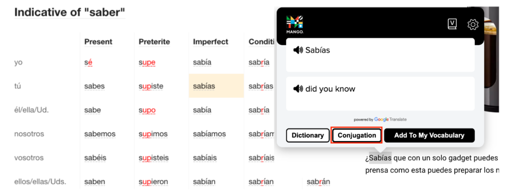 An example of a conjugation table for the Spanish verb "saber"