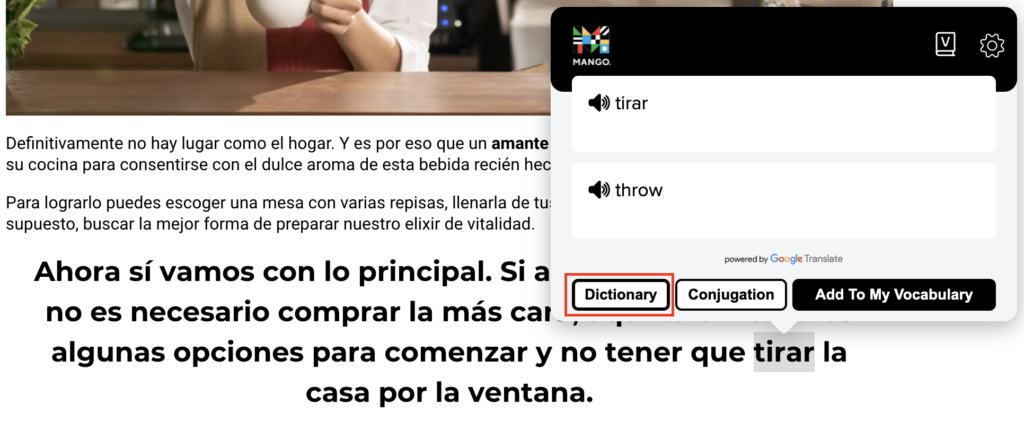 A website page showcasing the use of the Mango reader extension